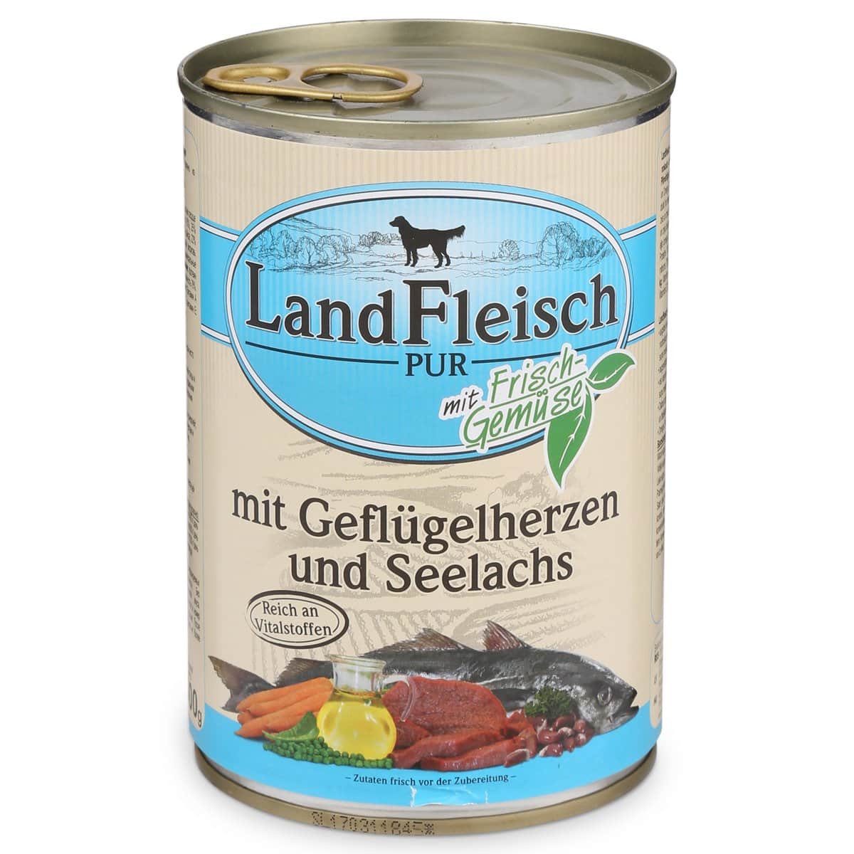 Landfleisch Hunde-Nassfutter Dog Pur Geflügelherzen & Seelachs 12x400g