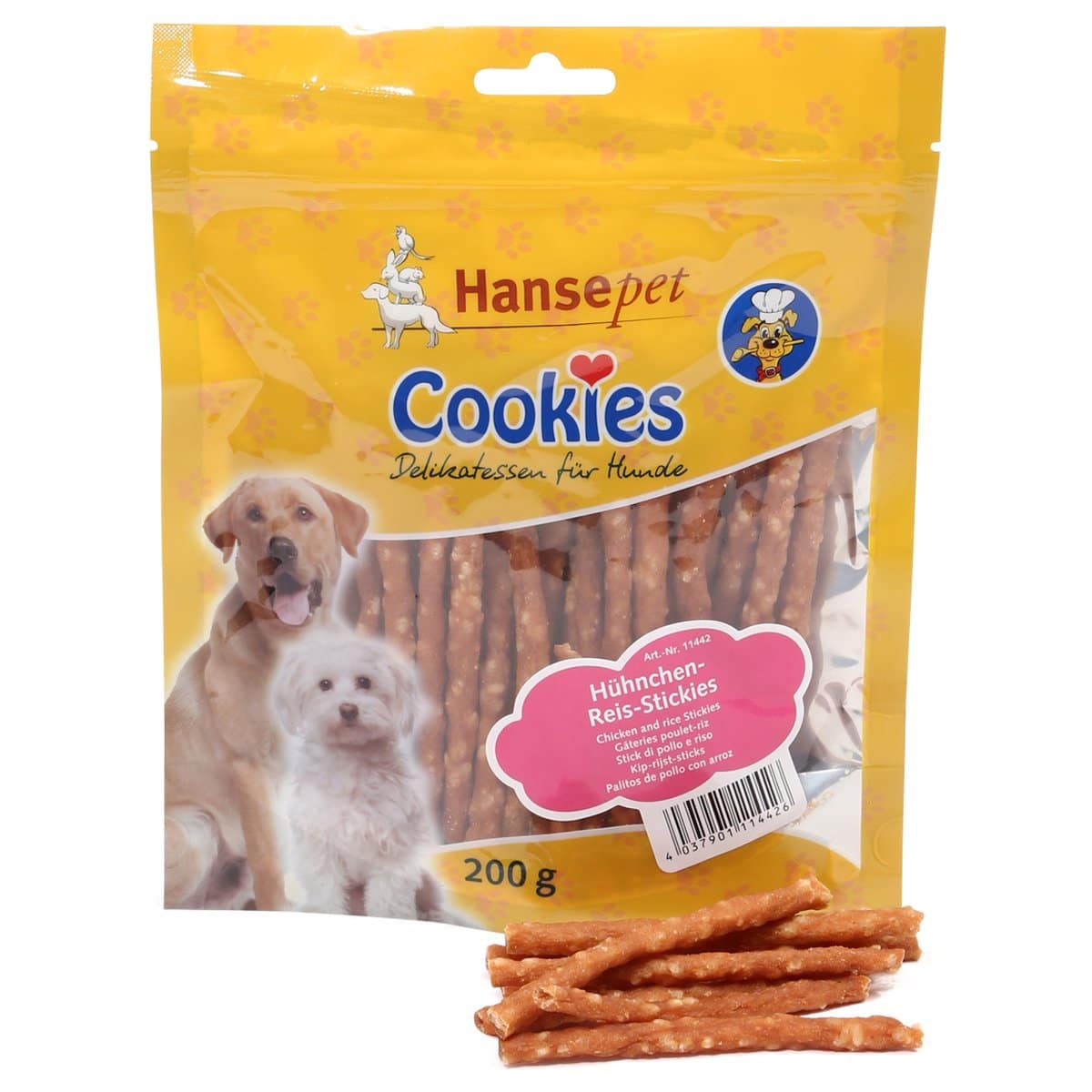 Hansepet Hundesnack Cookies Delikatess-Hühnchen-Reis-Stickies 6x200g