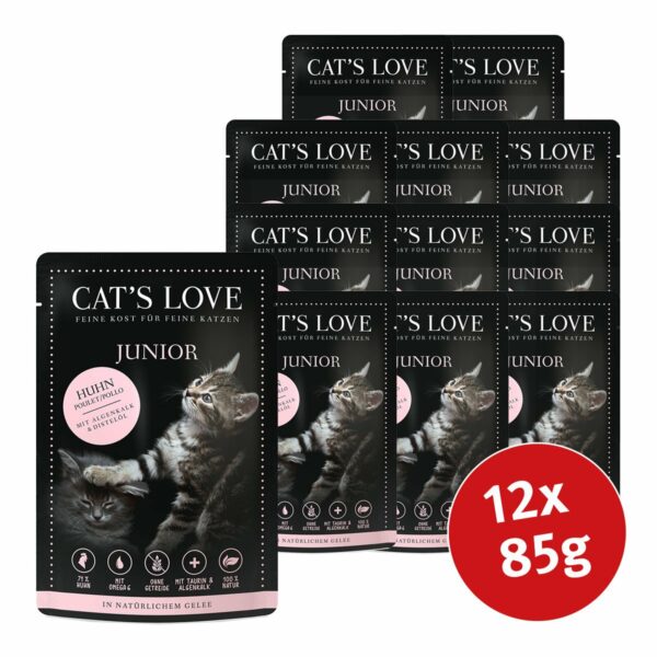 Cat's Love Nassfutter Junior Huhn mit Algenkalk & Distelöl 12x85g