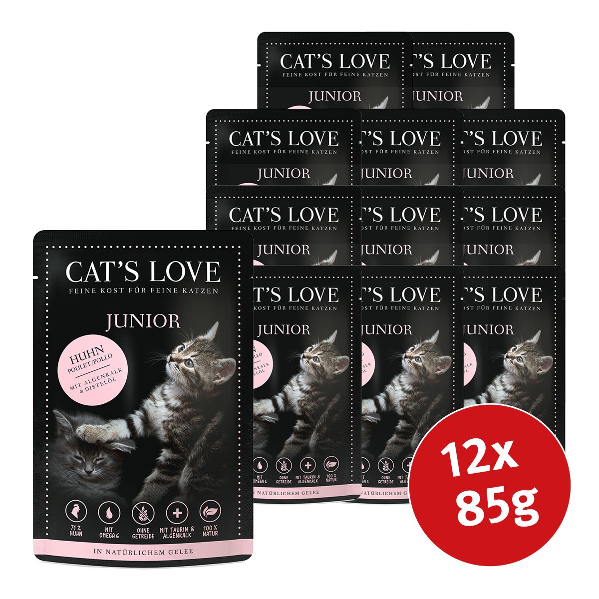 Cat's Love Nassfutter Junior Huhn mit Algenkalk & Distelöl 12x85g