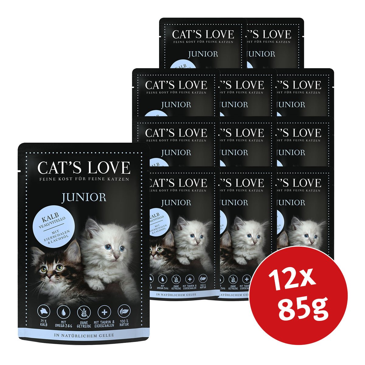 Cat's Love Nassfutter Junior Kalb mit Eierschalen & Lachsöl 12x85g