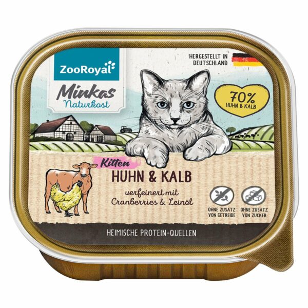 ZooRoyal Minkas Naturkost Kitten Huhn & Kalb verfeinert mit Cranberries & Leinöl 16x100g