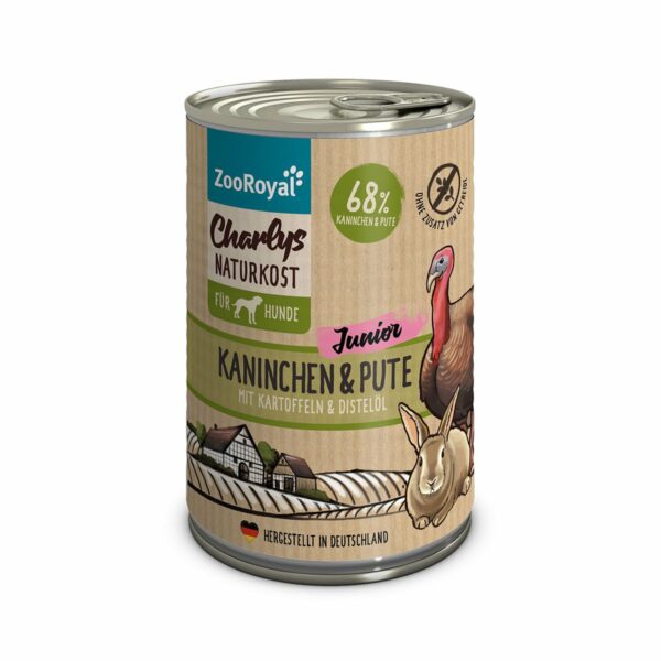 ZooRoyal Charlys Naturkost Junior Kaninchen & Pute mit Kartoffeln & Distelöl 6x400g